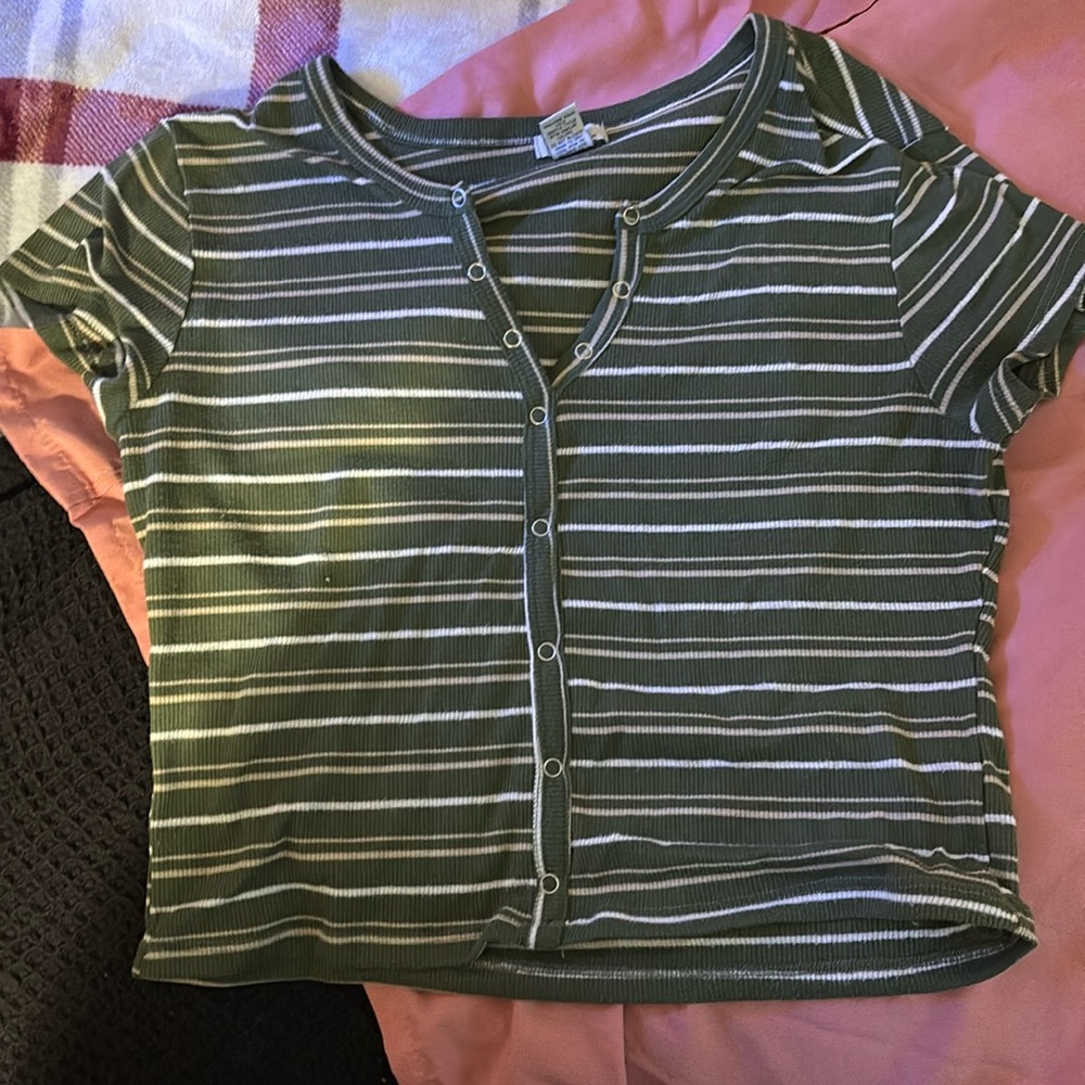 white and tan striped green button down crop top